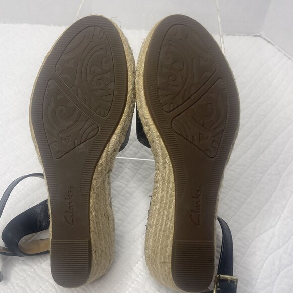 Clarks Black Leather Petrina Selma Ankle Strap Wedge Open Toe Sandal 8M - Picture 7 of 10